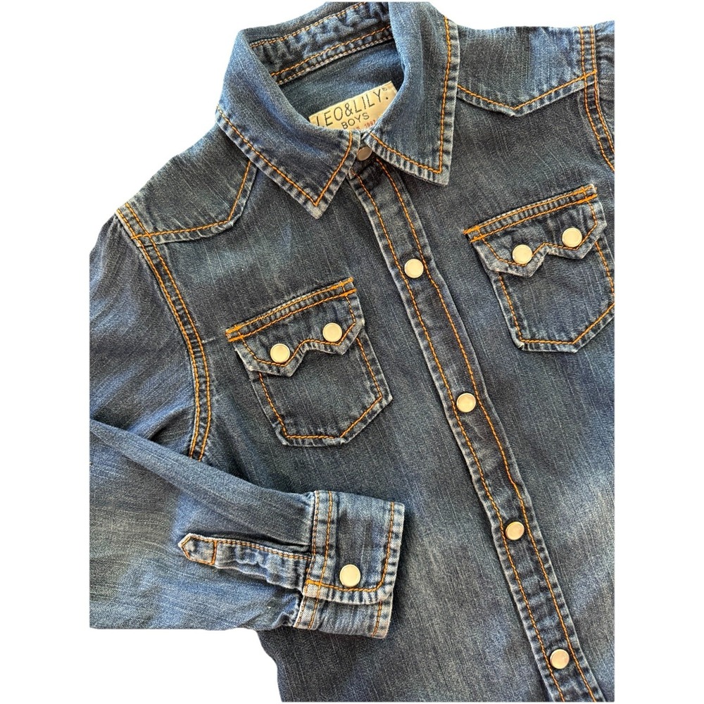 Leo & Lily Shirt Boys Size 6 Blue Denim Pearl Snap Thick Stitch Long Sleeve